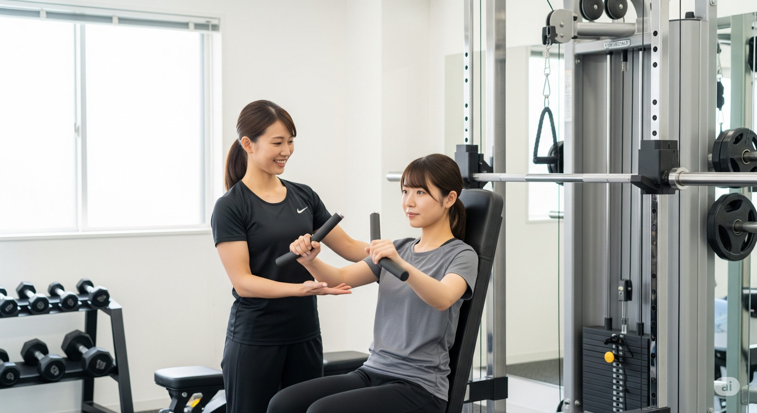 女性トレーナーの指導のもと、笑顔でパーソナルトレーニングに取り組む女性。健康的で自信に満ちた体づくり。