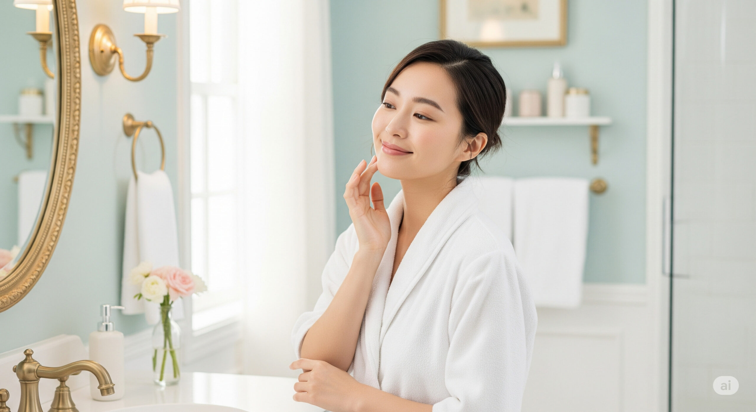 鏡の前でスキンケアをし、自分を受け入れることで自信を深めている女性。