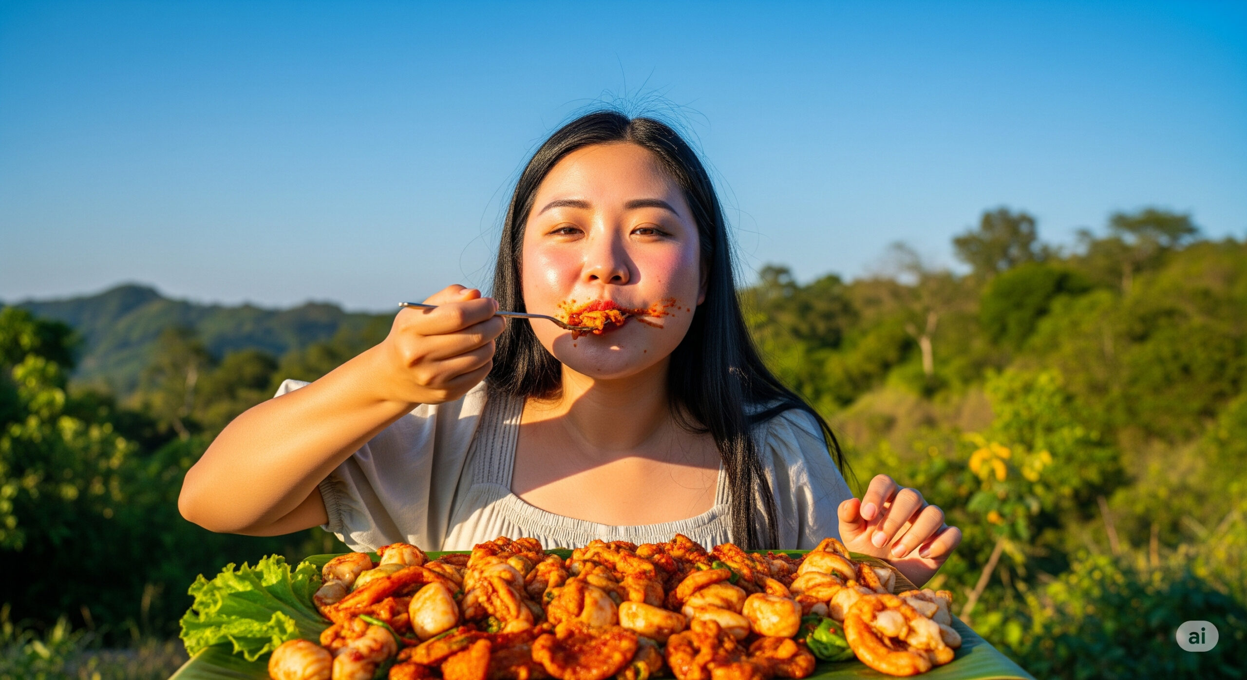 自然豊かな場所で大量の食べ物を食べる女性