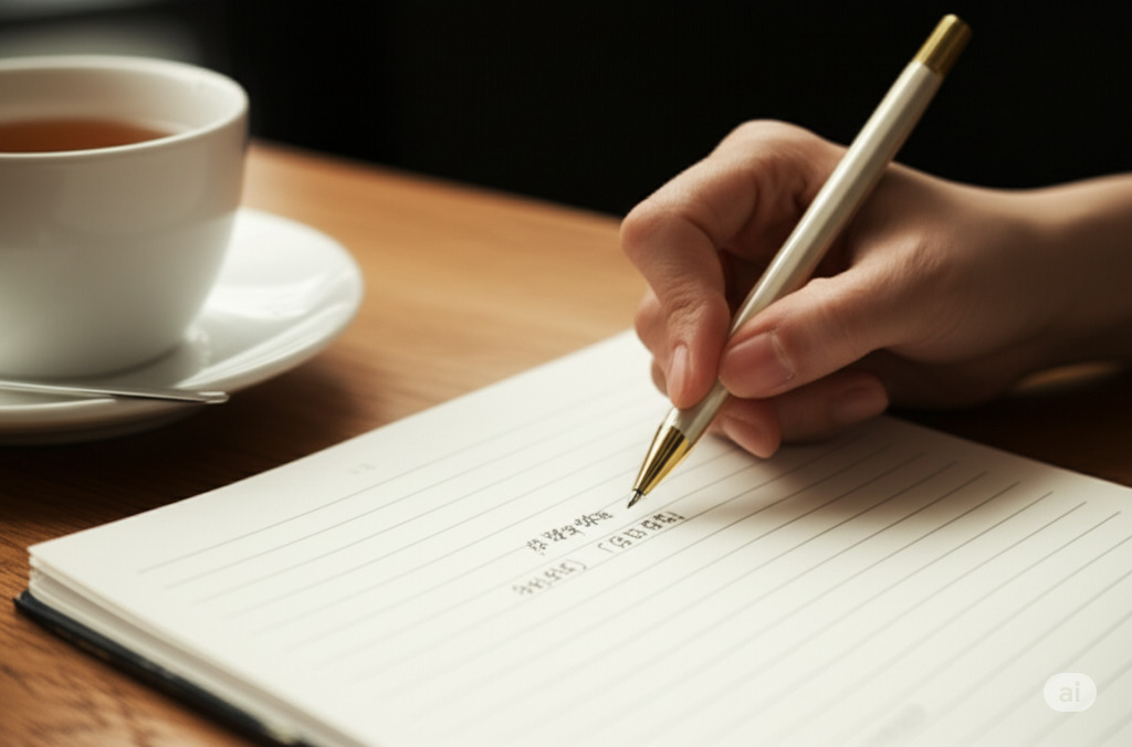 おしゃれなカフェで「褒め日記」を書き、自己肯定感を高めている女性の手元。