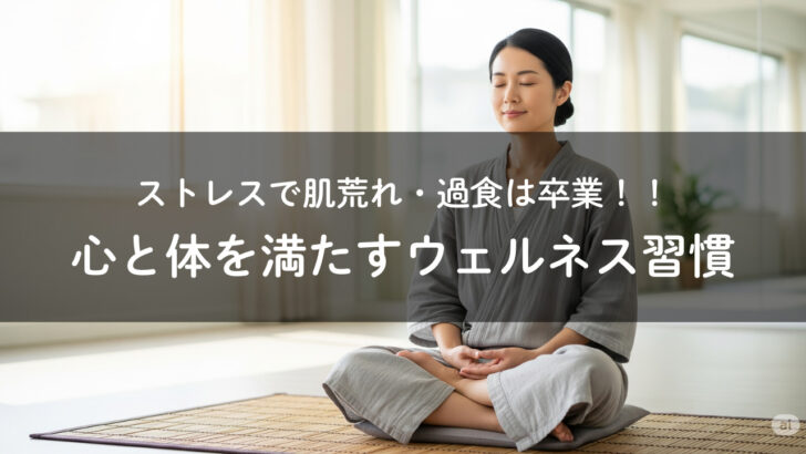 穏やかな表情で瞑想する女性。心身のストレスを解放し、内なる平和を見つけるウェルネスの瞬間。