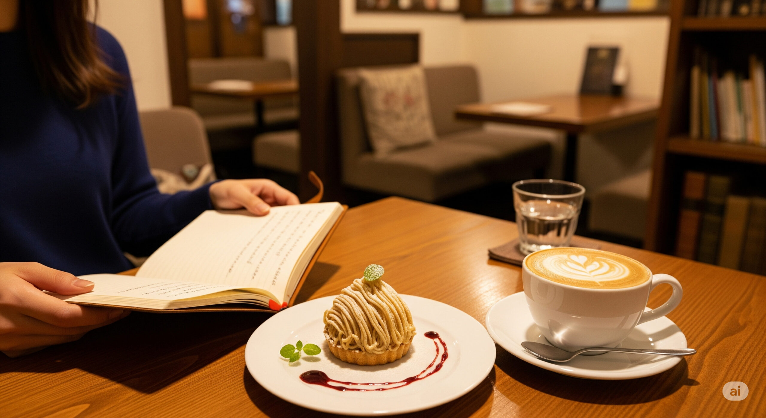 徳島市内の隠れ家カフェで、温かいコーヒーとスイーツを楽しみながら静かに過ごす女性の手元。